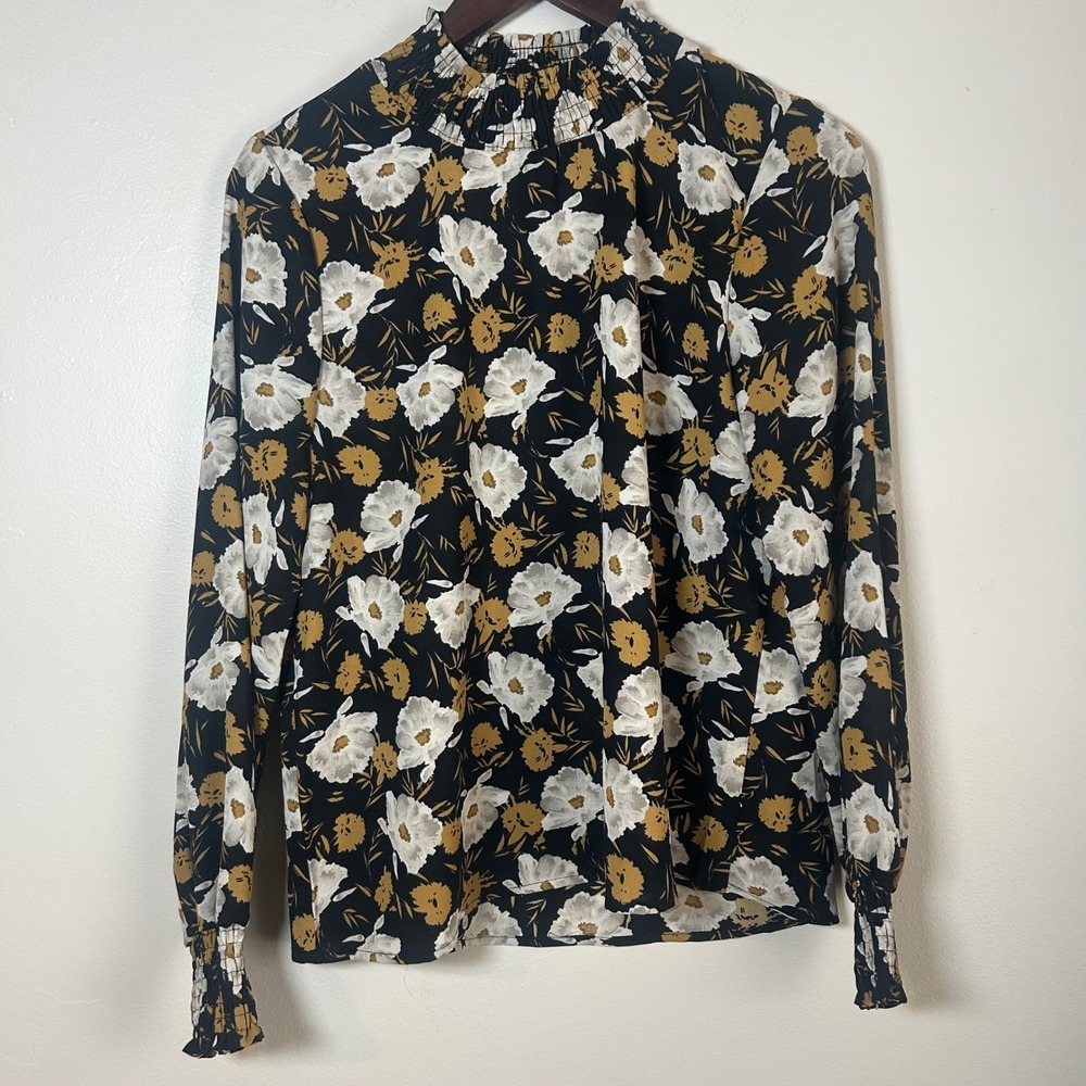 HAYDEN LOS ANGELES Black‎ Floral Mock Neck Smocked Blouse Women's M
